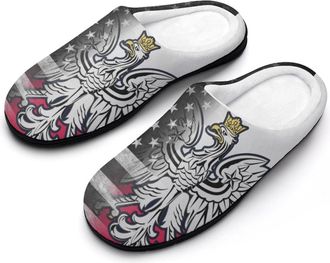 Generic Vintage Black White U.S.A. Polish Flag Slippers Men Winter Warm Cotton Anti-Slip Indoor Slip-Ons House Shoes