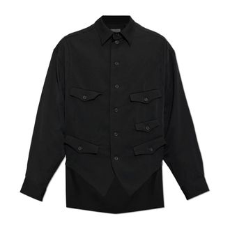Yohji Yamamoto Overhemden, Heren, Zwart, M, Wol, Wool Gabardine Vest Gelaagde Blouse