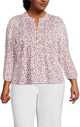 Lands End Lightweight Jersey Button Pintuck Top in White Floral Strawberries at Nordstrom, Size 1X
