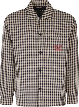 Dr&ocirc;le de Monsieur Beige Oversized Checkered Logo Cotton Overshirt