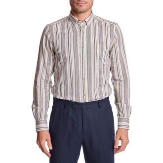 Paisley & Gray Brian Linen Blend Button-Down Shirt in Golden Ash Stripe at Nordstrom Rack, Size Xxx-Large