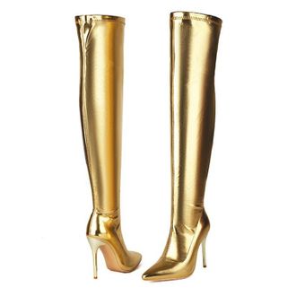 Generic Gold,7.5 UK,Womens Thigh High Boots Over The Knee Stiletto Heels Long Pointed Toe Boots Patent Leather PU Side Zipper Party Dating Dress Shoes