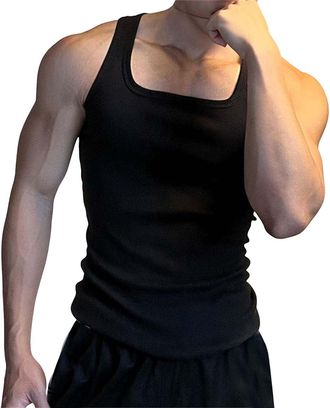 Generic MenS Sleeveless Vests With Square Neck Ribbed Tank Top Men Quick Dry-Airy Sun Protection Tank Top Tropical Holiday Beach Gym Sport Casual Vest Stretch