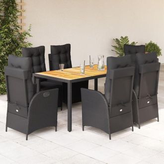 vidaXL Set De Comedor De Jard&iacute;n 7 Pzas Y Cojines Rat&aacute;n Sint&eacute;tico Negro
