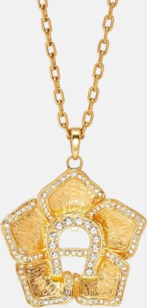Aigner Gold Tone Crystal Logo Flower Pendant Necklace