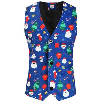 Generic Mens Christmas Festive Waistcoat - V Neck Sleeveless Slim Fit Blue Party Dress Vest Suit