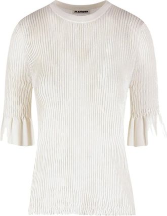 Jil Sander T-Shirts, female, White, Size: S T-shirt made from viscose blend Ribbed knit Short ruffled sleeves