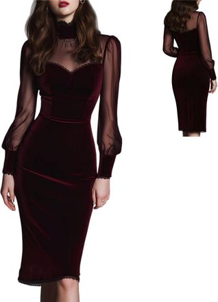 Generic Bodycon Dress for Women Elegant Mesh Velvet Stitch Sweetheart Neckline Midi Dress Cocktail Party Club Dresses Holiday Outfits (Burgundy,L)