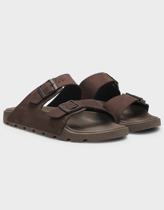 HUGO BOSS Mens BOSS Orange Surfley Mens Twin-Strap Slides with Branded Buckles - Dark Brown 201 - Size: 12