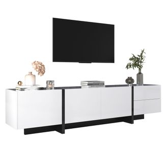 STILVORA Mueble De Tv Con 3 Puertas Y 2 Cajones, Blanco Brillo Con Patas Negras, Sal&oacute;n, 190&times;35&times;45 Cm, Tablero De Part&iacute;culas
