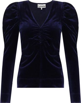 Ganni Blauwe Velvet V-Neck Top - Dames - Longsleeves - Blauw - S - Polyester - Tops