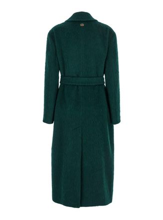 Twinset Green Double-Breasted Coat With Notched Revers And Belt On The Front In Wool Blend Woman