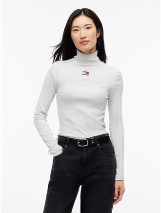 Tommy Hilfiger Womens Tommy Jeans Ribbed Mockneck T-Shirt - Ice Grey Heather - XL