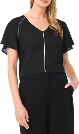 Vince Camuto Piped Flutter Sleeve Top in Rich Black at Nordstrom, Size Xx-Small
