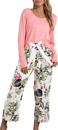 Generic 2 Piece Outfits Women Long Sleeve Pyjamas Women Uk Plus Size Round Neck Top And Drawstring Trousers Set Fashion Printed Pyjama Bottoms Loose Comfort N
