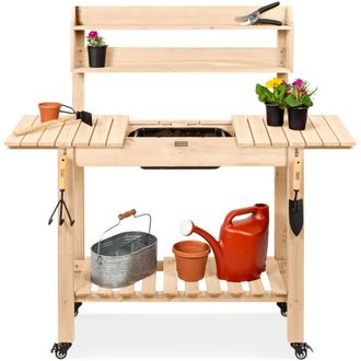 Best Choice Products Wood Garden Potting Bench Workstation Table w/ Sliding Tabletop, 4 Locking Wheels, Dry Sink