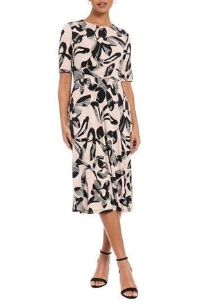 London Times Short Sleeve Inset Waist Midi Dress in Black/Tan at Nordstrom Rack, Size 14