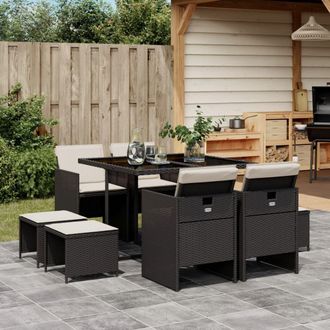 vidaXL Set De Comedor De Jard&iacute;n 9 Pzas Y Cojines Rat&aacute;n Sint&eacute;tico Negro Vidaxl