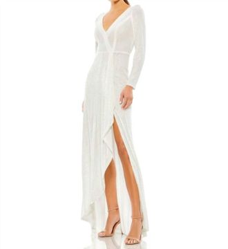 Mac Duggal Long Sequin Long Sleeve Dress In White