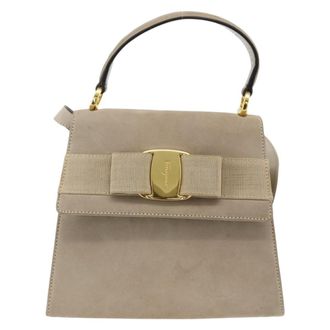 Ferragamo Convertible Vara Bow Tote Suede Beige Suede Handbag (Pre-Owned)