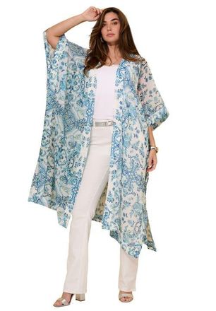 Roaman's Plus Size Flowy Chiffon Duster in White Turquoise Stencil Floral at Nordstrom, Size X-Large
