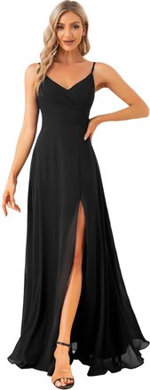 Ever-pretty Womens A Line Spaghetti Straps V Neck Long Chiffon Asymmetry Prom Dress with Slit Black 12