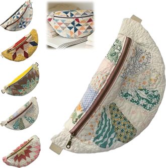 Generic Vintage-Inspired Patchwork Quilted Sling Bag,Curved Crossbody Bag with Adjustable Strap,Bohemian Fabric Shoulder Satchel (C)