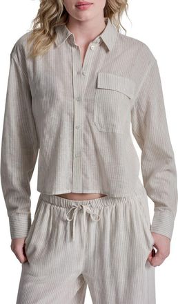 DKNY Striped Long Sleeve Linen Blend Top in Pebble/Ivory at Nordstrom Rack, Size X-Large