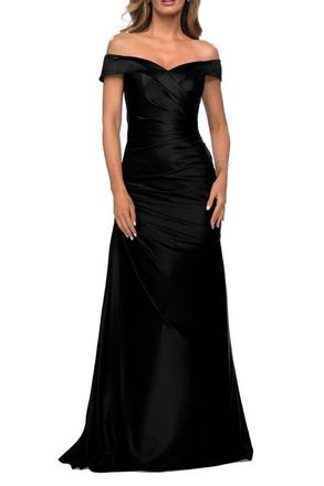 La Femme Off the Shoulder Satin Evening Dress with Pleating in Black at Nordstrom, Size 12