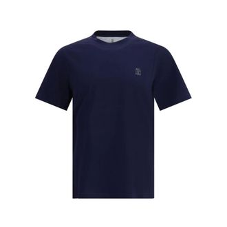 Brunello Cucinelli Tops, Heren, Blauw, L, Katoen, Logo Katoenen T-Shirt Elegante Stijl