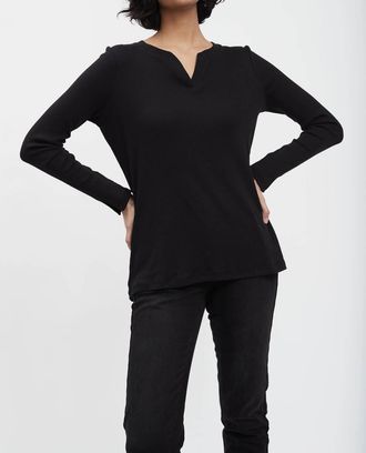 FDJ Notched Neck Long Sleeve Tee In Black