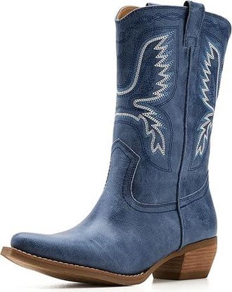Frye and Co. Irlene Short Deco Stitch Cowboy Womens Boots Denim Blue : 8.5 M, Suede