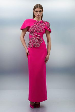 Karen Millen Womens Placed Floral Crystal Embellished Tailored Cape Maxi Dress - Pink - Size 6 UK