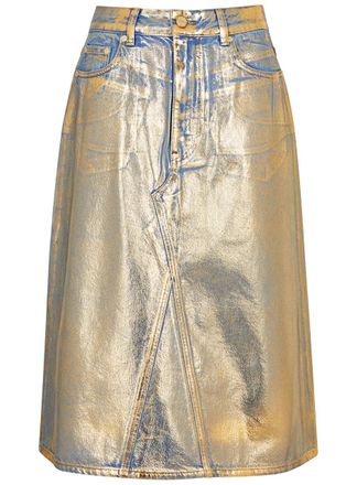Ganni Foil-print Denim Midi Skirt - Gold - 42 (UK14 / L)