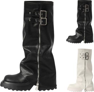 Generic Womens Fold Over Wedge Boots Knee High Buckle Moto Biker Boots for Women Platform Chunky Heel Pull On Boot Winter Anti-Slip Walking Shoes with Side Zi