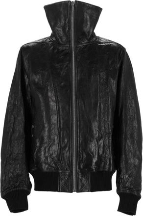 Rick Owens Structured Black Lamb Leather Jacket With High Collar And Ribbed Cuffs