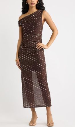 Open Edit Off the Shoulder Mesh Midi Dress in Brown- Ivory Corner Dot at Nordstrom, Size Xx-Small