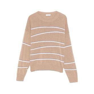 PESERICO Bruine Gestreepte Trui met Ronde Hals - Dames - Ronde hals truien - Bruin - XL - Katoen - Truien & Vesten