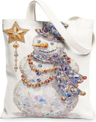 Generic Winter Snow Man Canvas Tote Bags, Holiday Crystal Design Reusable Grocery Bags, Stylish Lightweight Washable Shoulder Strap, White, 13x15 Inch