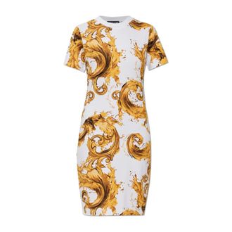 Versace Jeans Couture Short Dresses, female, White, Size: S Printed Cotton-Jersey Midi Dress