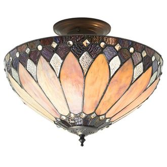 Loops Tiffany Glass Semi Flush Ceiling Light Cream Bronze Round Inverted Shade i00158 in Clear