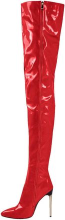 Generic Red,3.5 UK,Womens Side Zipper Thigh High Boots Patent Leather PU Over The Knee Boot Pointy Toe Stiletto Heels Comfy Party Dress Shoes