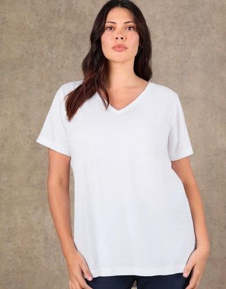 Live Unlimited London Womens White Cotton Slub Longline V Neck T-Shirt - Size: 18