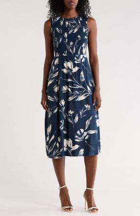 Calvin Klein Smocked Sleeveless Fit & Flare Midi Dress in Indigo Multi at Nordstrom Rack, Size 10