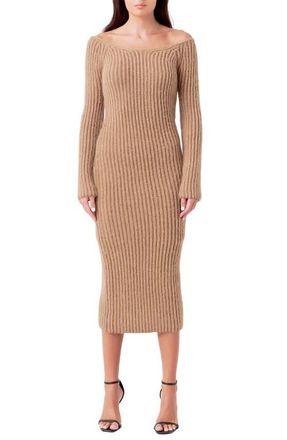 endless rose Long Sleeve Off the Shoulder Rib Midi Sweater Dress in Camel at Nordstrom, Size X-Small
