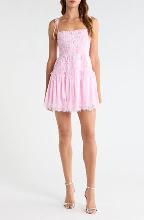 All in Favor Shirred Tie Shoulder Lace Trim Minidress in Pink at Nordstrom, Size X-Large