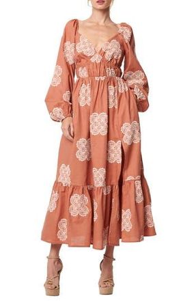 Ciebon Serbita Medallion Embroidery Long Sleeve Cotton & Linen Midi Dress in Jasper at Nordstrom Rack, Size X-Small