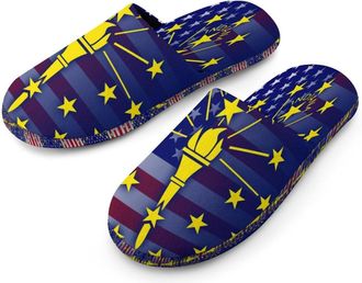 Generic U.S. And Indiana State Flag Mens Cotton Slippers Memory Foam Comfort House Shoes Winter Indoor Slipper for Hotel Casa Spa