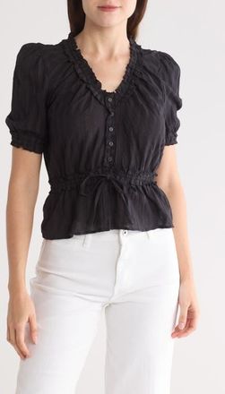 Steve Madden Shadow Stripe Ruffle Cotton Button Top in Black at Nordstrom, Size X-Small