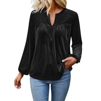 Generic Velvet Tops for Women Elegant Button Down V-Neck Blouse Casual Dressy Long Sleeve Velour Shirts Puff Pleated Tops Work Office Shirts Ladies Slim Fit C